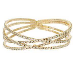 Gold Rhinestone Flexible Cuff Bracelet Wedding Bridal Evening Formal Fancy